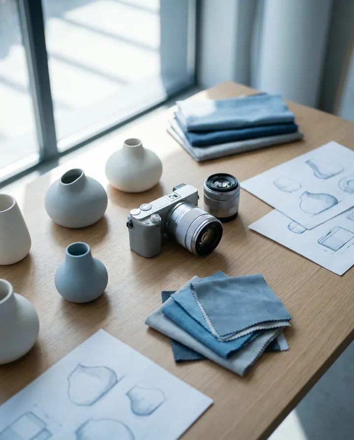 A studio table with product samples, a camera and fabric swatches, prepared for a client ad