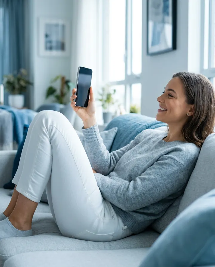 A woman on a sofa smiling at her phone, a frame from an app install ad