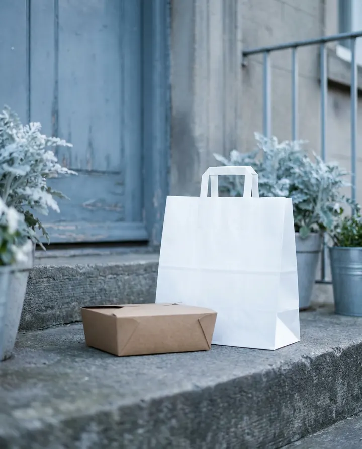 An unbranded takeaway bag and meal box on a doorstep, a frame from a delivery offer ad