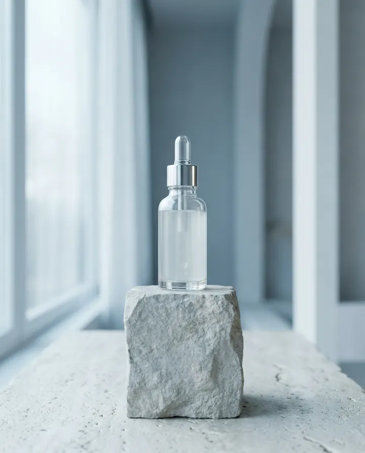 An unbranded serum bottle on a stone pedestal, a frame from a DTC product ad