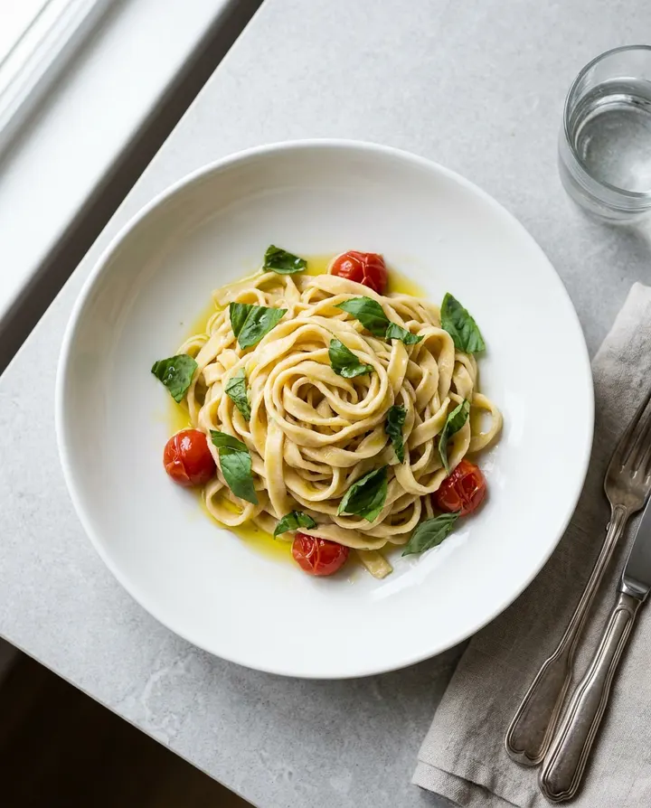 A plated fresh pasta dish from above, a frame from a narrated menu-item ad