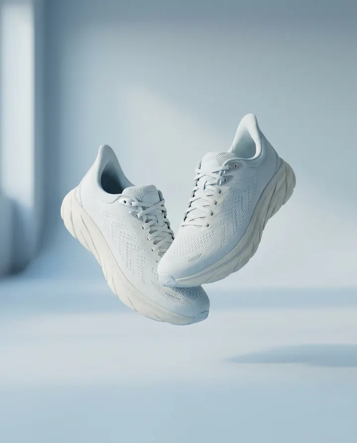 White running shoes floating against a pale blue backdrop, a frame from a paid-social ad
