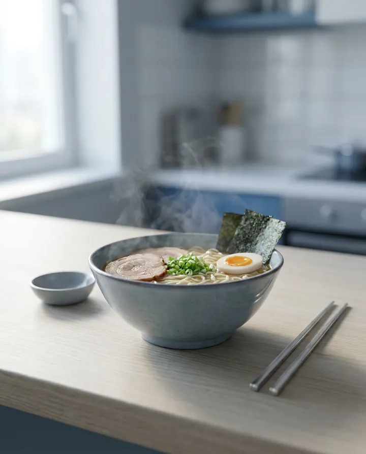 A steaming bowl of ramen on a wooden counter, a frame from a plate-in-motion clip