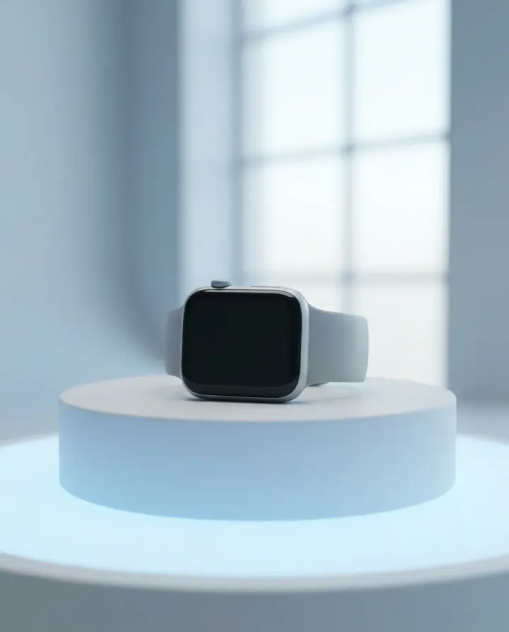 A silver smartwatch on a white pedestal in soft blue light, a frame from a launch ad