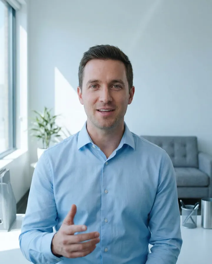 A presenter in a blue shirt talking to camera in a bright office, a frame from a prospecting video