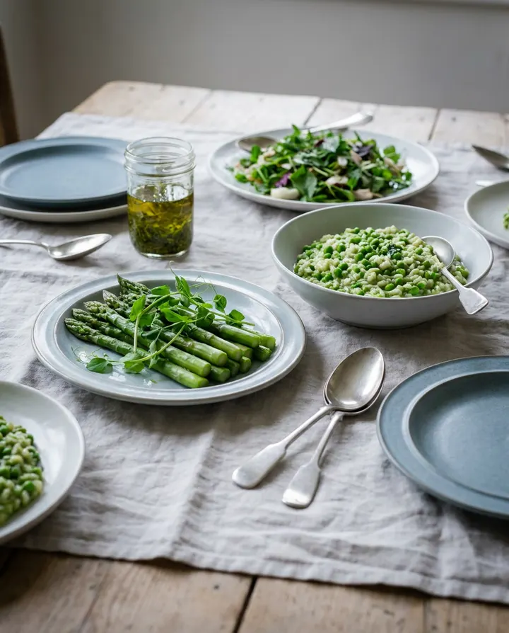 Spring dishes with asparagus and peas on a linen table, a frame from a seasonal menu teaser