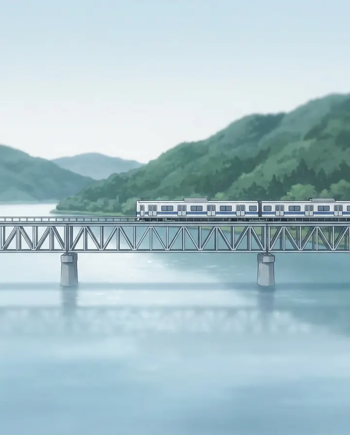 An anime-style train crossing a bridge over blue water, a frame from an anime short film
