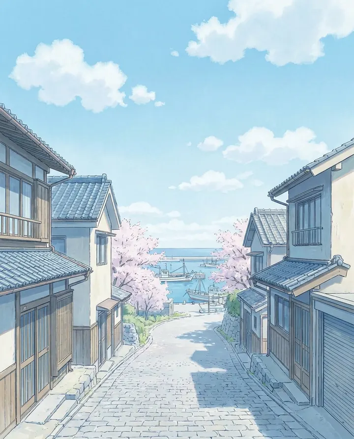 An anime-style seaside town street under a pale blue sky, a frame from a faceless anime channel