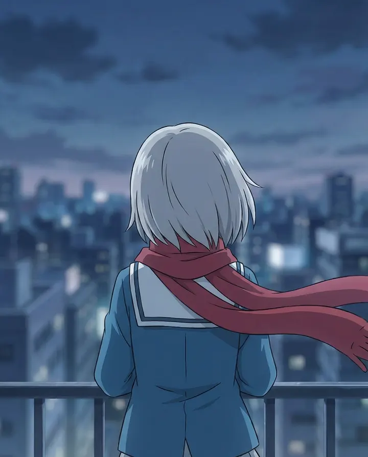 An anime character with silver hair and a red scarf looking over a city at dusk, a frame from a fan-fiction short