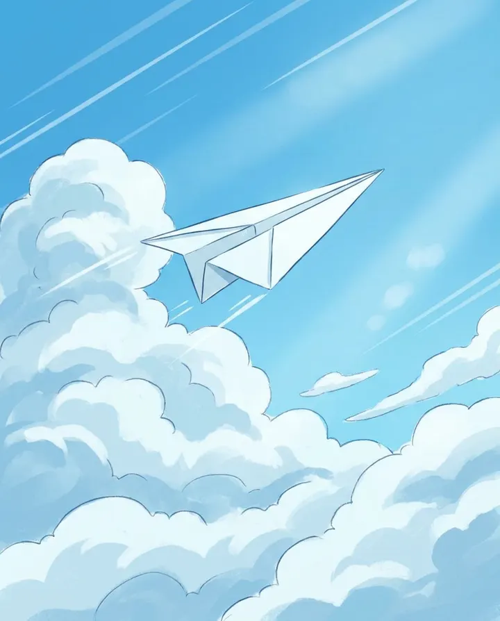 An anime-style paper plane soaring through a bright blue sky, a frame from an anime opener