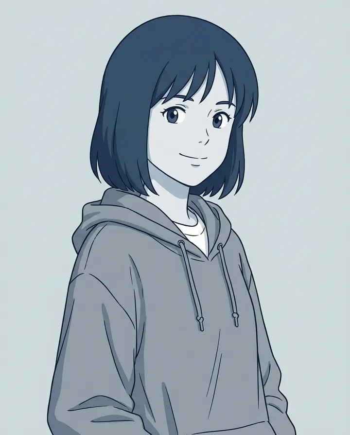 An anime character portrait in a grey hoodie, the kind of reference image you can animate