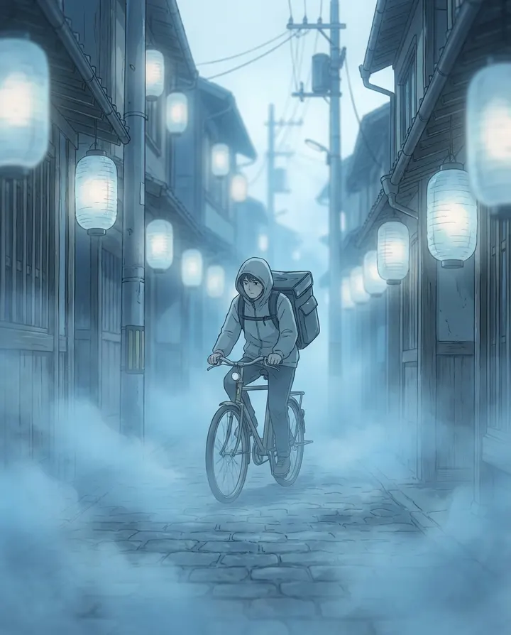 An anime courier cycling down a misty lantern-lit street, a key visual from a pitch reel