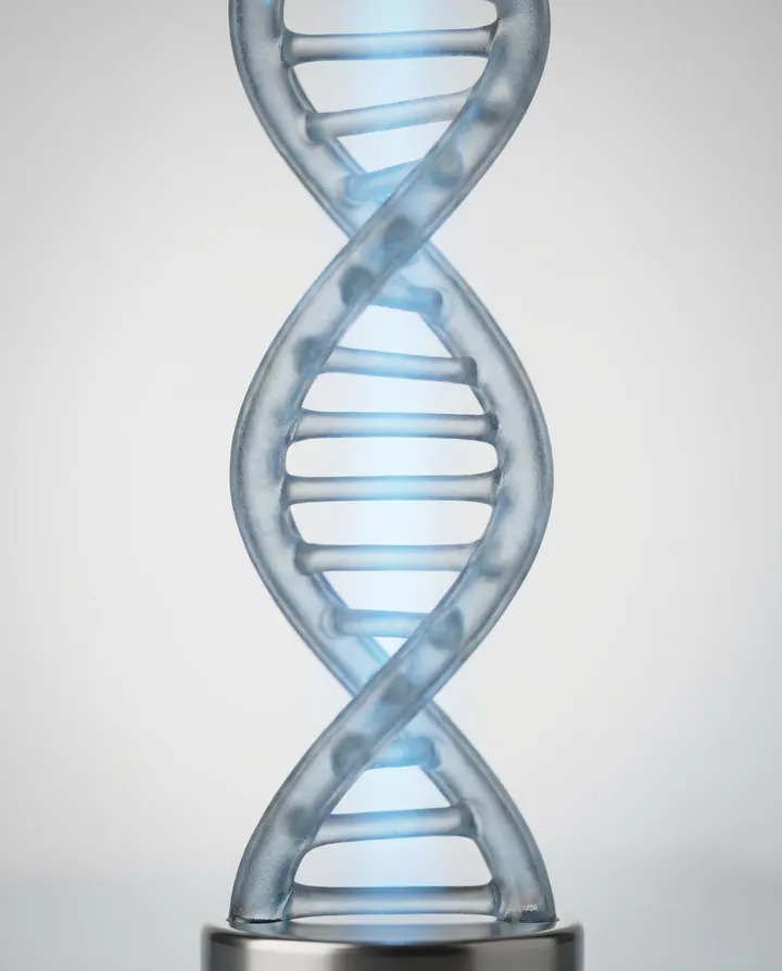 A glass model of a DNA double helix lit in soft blue, a frame from an educational explainer