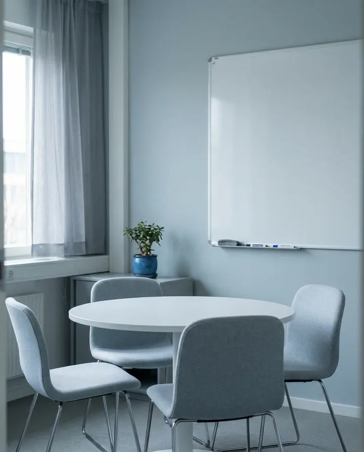 A small bright meeting room with a round table and a blank whiteboard, a frame from a training video