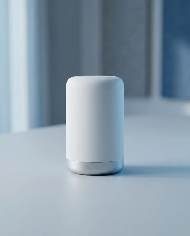 A white smart speaker on a pale grey studio surface, a frame from a product explainer