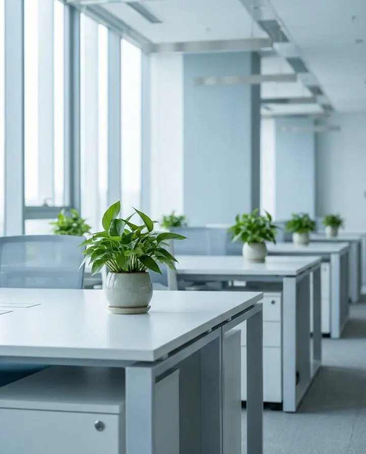 A bright open-plan office with white desks and plants, a frame from a software onboarding explainer