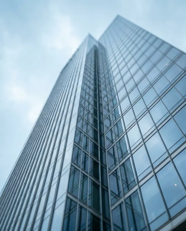 A glass office tower against a pale blue sky, a frame from an investor overview