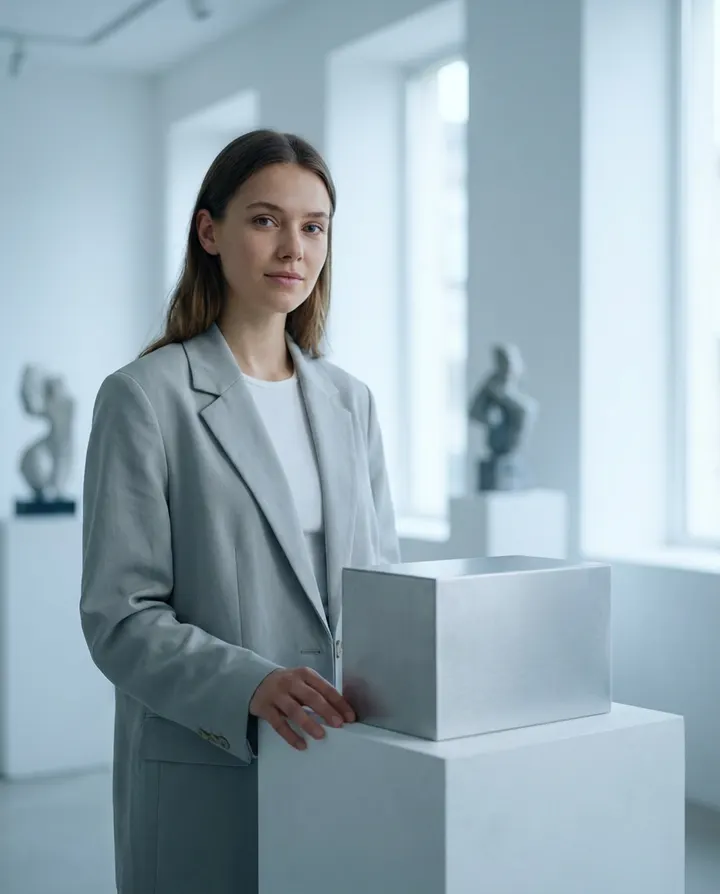 A presenter beside a silver product box on a pedestal, a frame from a launch campaign video