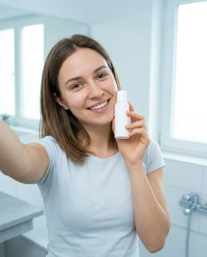 A creator holding a skincare bottle up to camera, a frame from a product review video