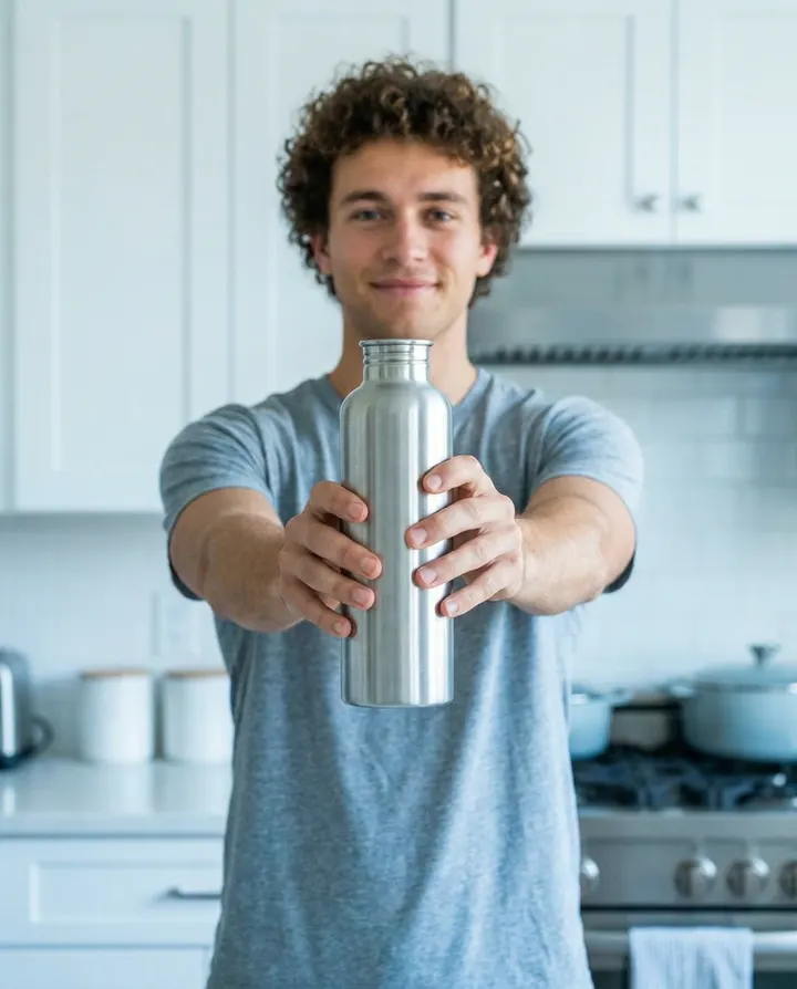 A creator holding a silver water bottle toward the camera, a frame from a UGC-style video ad