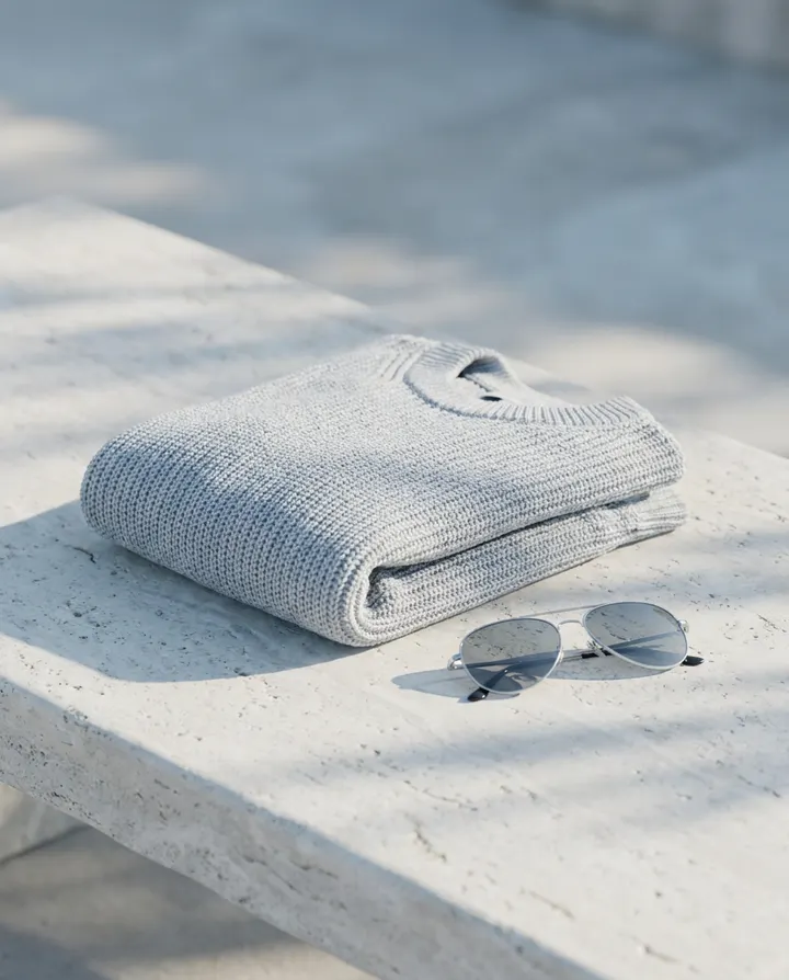 A folded grey knit sweater and silver sunglasses on pale stone, a frame from a brand mood piece