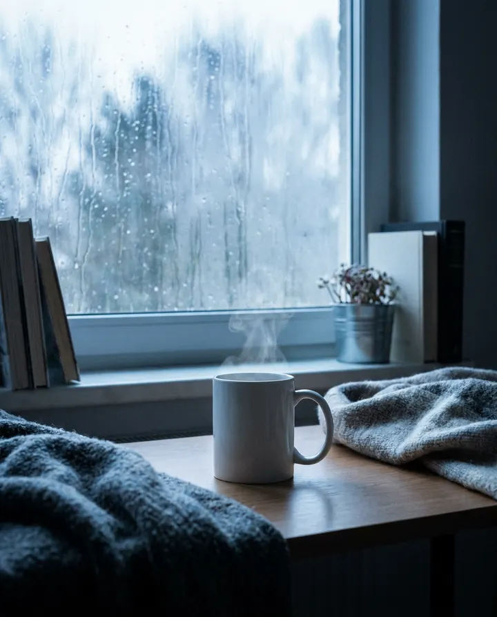 A desk by a rainy window with a steaming mug, a frame from a lo-fi music channel loop
