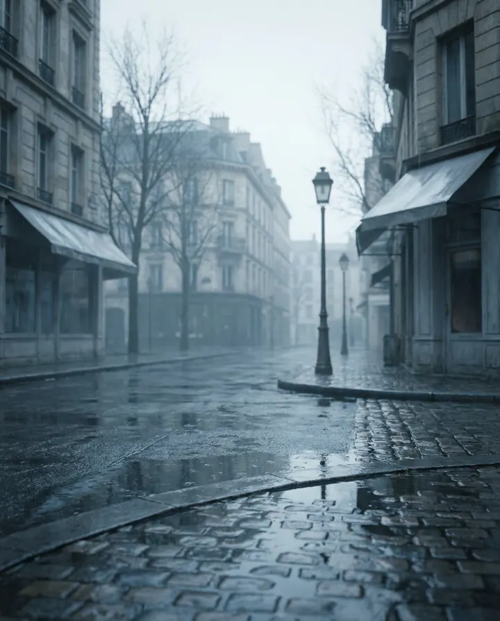 A quiet city street just after rain, a frame from a producer moodboard reel