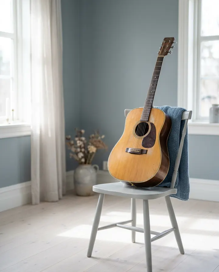An acoustic guitar resting on a chair in a bright room, a frame from a songwriter demo video