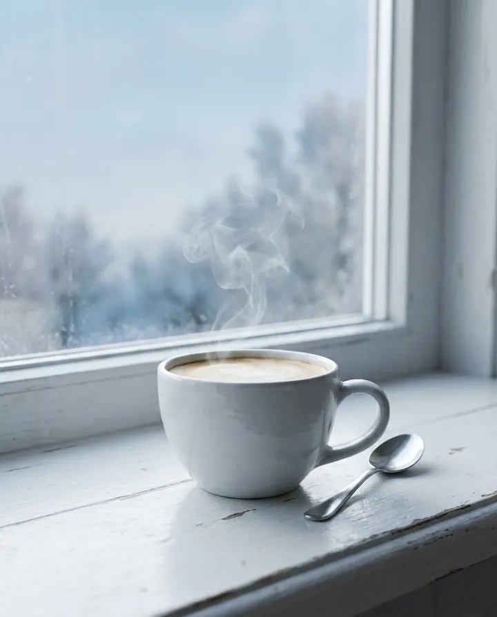 A cup of coffee on a white windowsill in morning light, a frame from a daily faceless Short