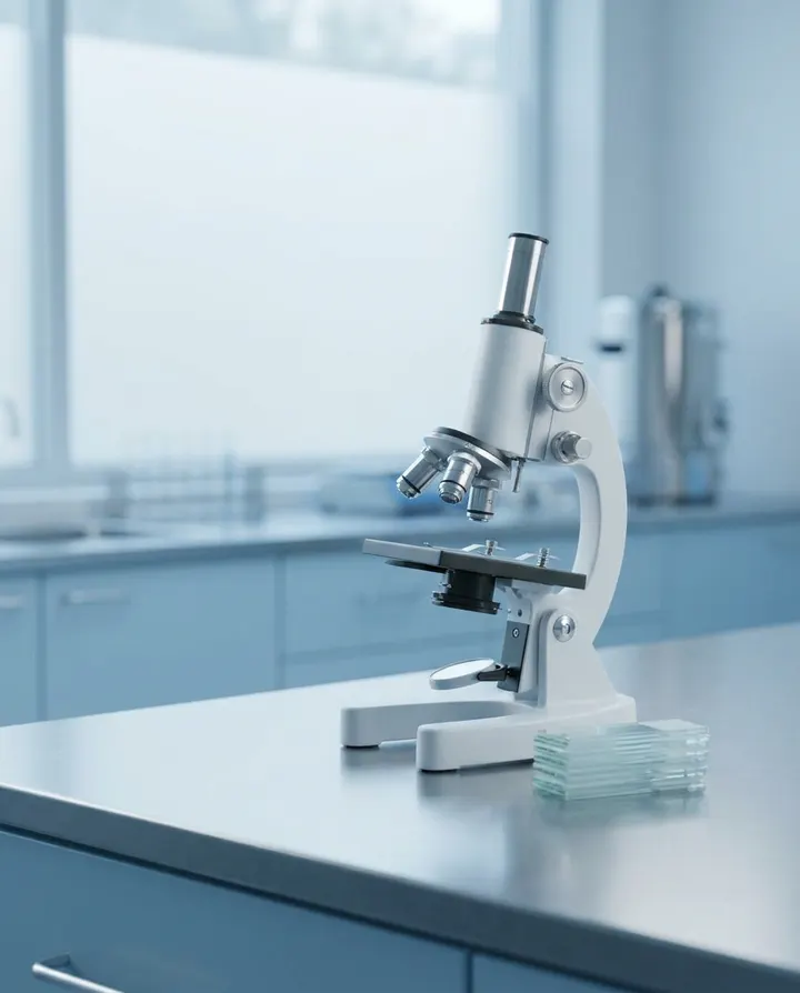 A white microscope on a bright lab bench, a frame from an educational Short
