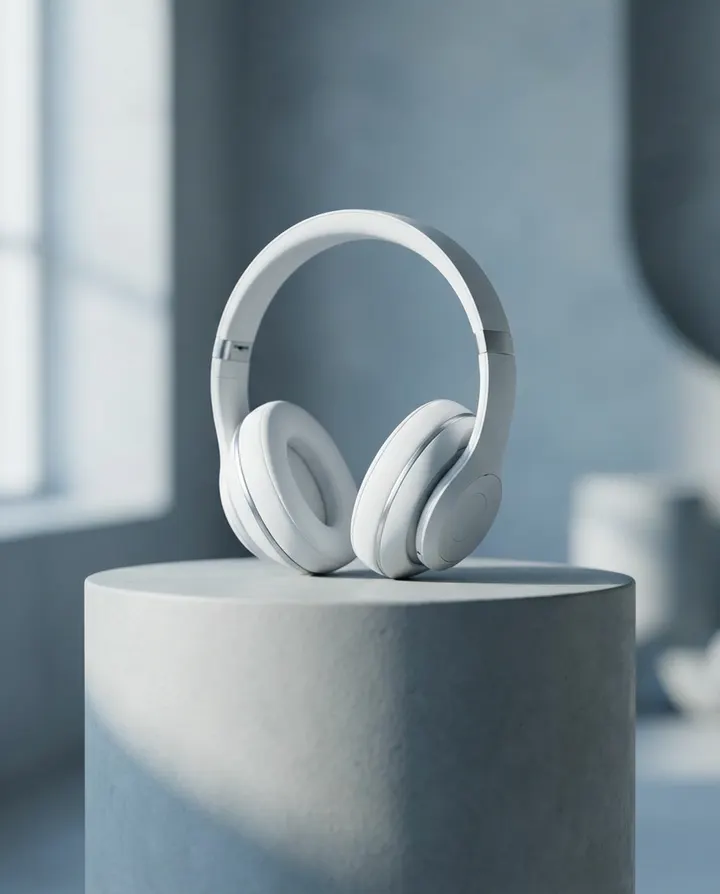 White wireless headphones on a grey pedestal, a frame from a product Short