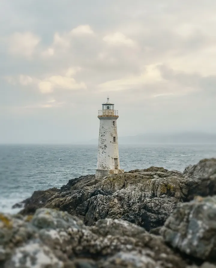 A white lighthouse on a rocky coast, a frame from a history story Short