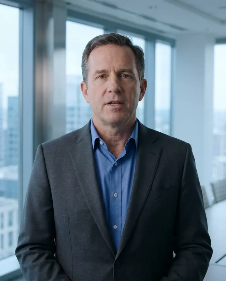 An executive in a grey suit speaking to camera in a boardroom, a frame from a stakeholder update