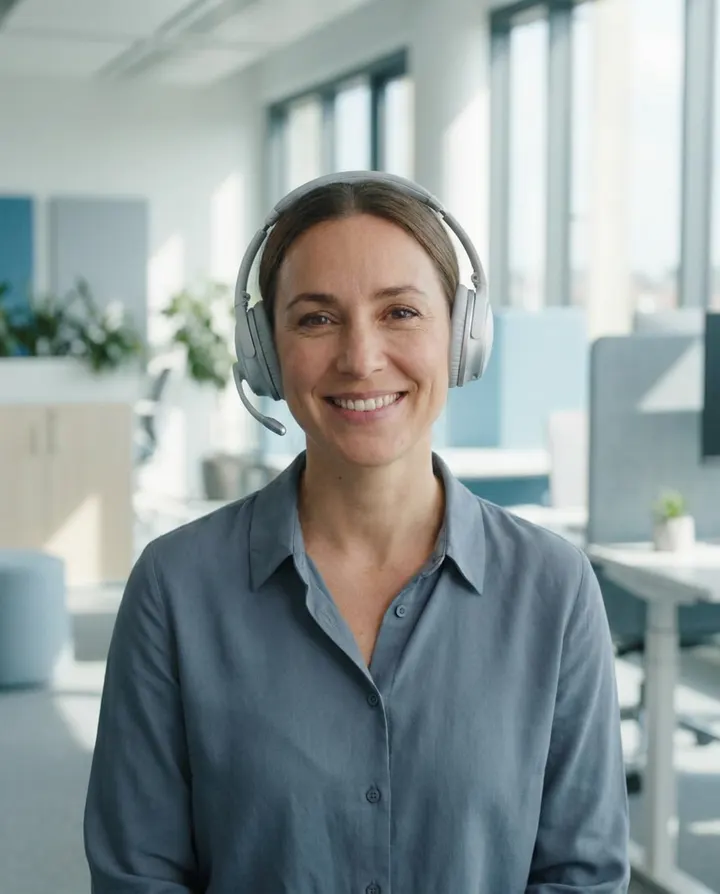 A support presenter wearing a headset smiling at camera, a frame from a how-to video