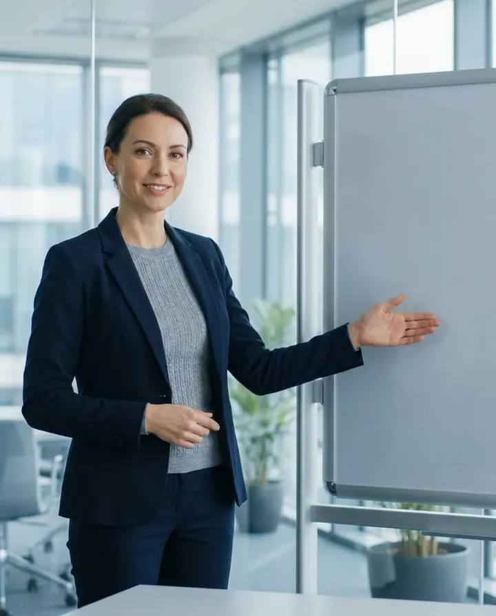 A presenter beside a blank whiteboard in a meeting room, a frame from an onboarding module