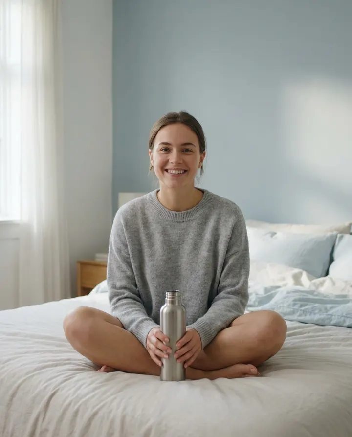 A woman on a bed holding a steel water bottle and talking to camera, a frame from a UGC-style ad
