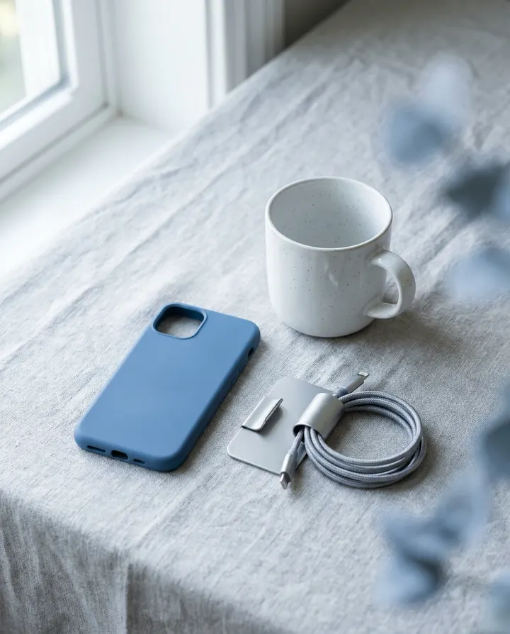 A phone case, a mug and a cable organiser on a grey surface, products for affiliate ad clips