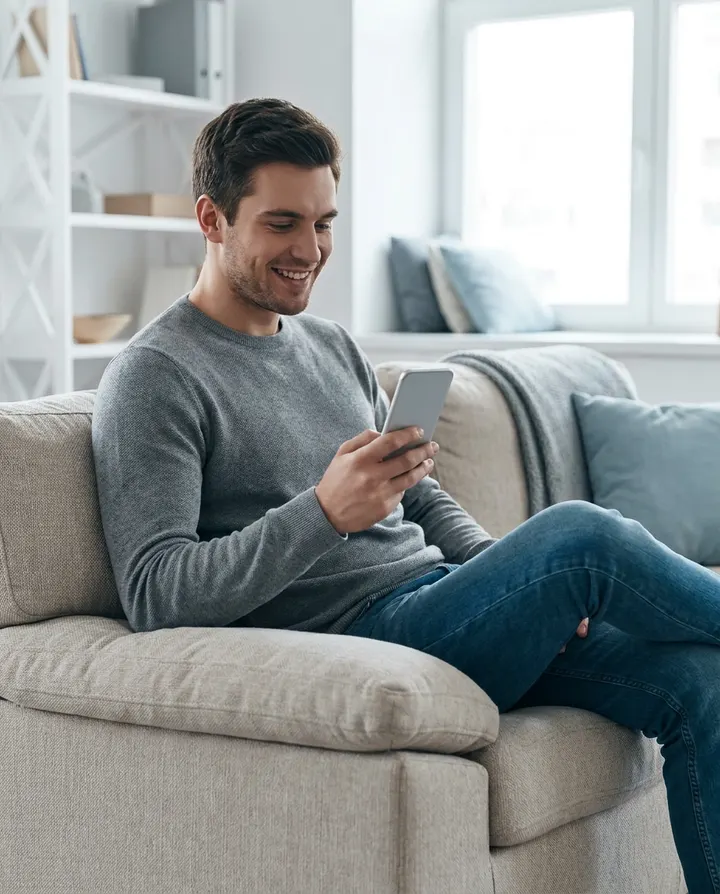 A man on a sofa smiling at his phone, a frame from an app install ad