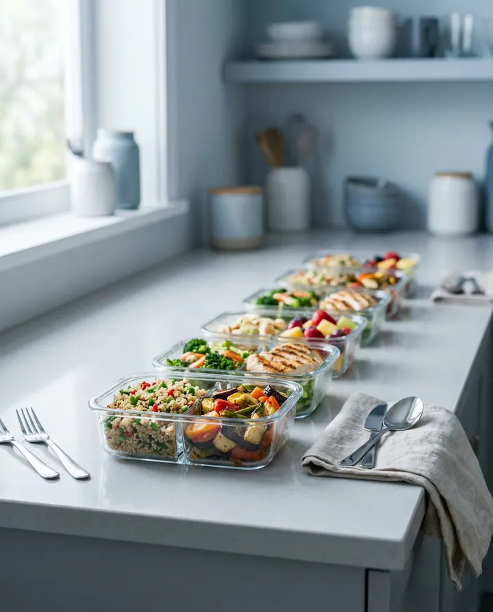 A row of meal-prep containers on a kitchen counter, a frame from a product ad test