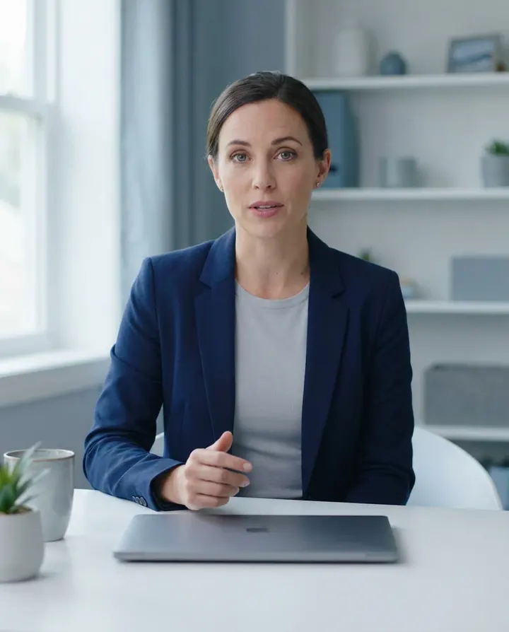 A presenter in a blazer speaking to camera at a desk, a frame from a webinar invite