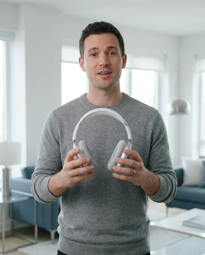 A man holding up wireless headphones and talking to camera, a frame from a product launch ad