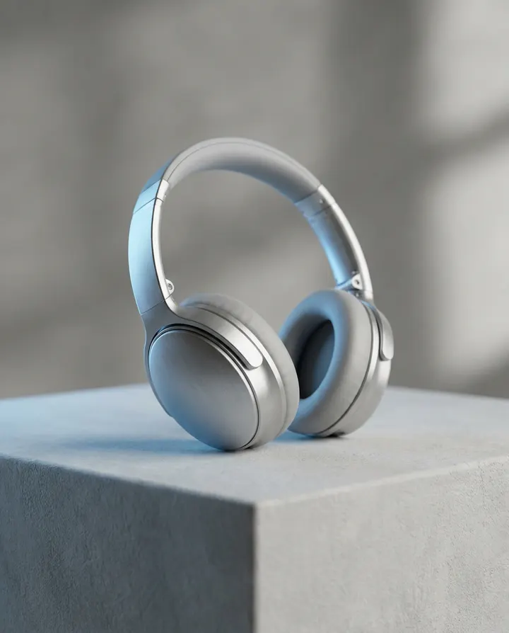 Silver over-ear headphones on a grey studio surface, a frame from a product review video