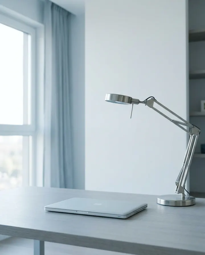 A bright home office with a closed laptop and a desk lamp, a frame from a video embedded in a blog post