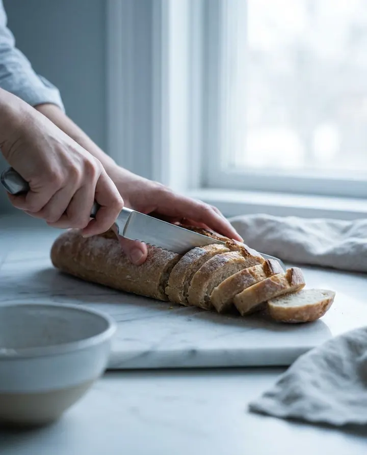 Hands slicing a long loaf of bread on a marble counter, a frame from a short social clip