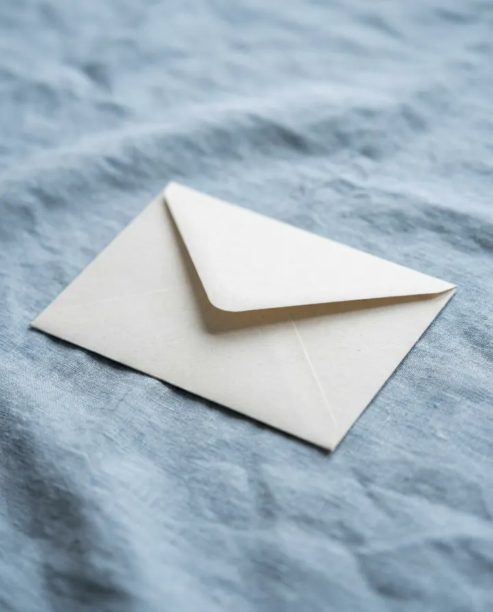 A white envelope on blue linen, a frame from a short video made from a newsletter