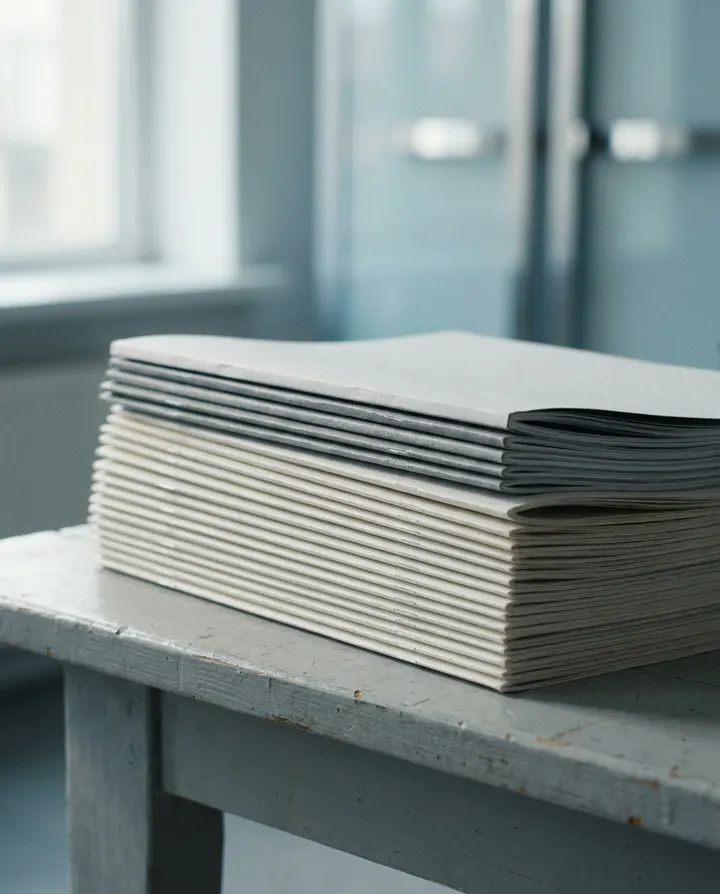 A neat stack of folded papers and magazines on a grey table, a frame from a video made from a published article