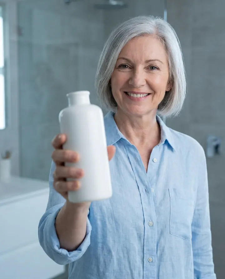 A presenter holding a white skincare bottle toward the camera, a frame from a creator-style ad