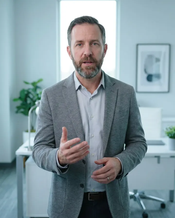 A bearded presenter in a grey blazer speaking to camera in a bright office