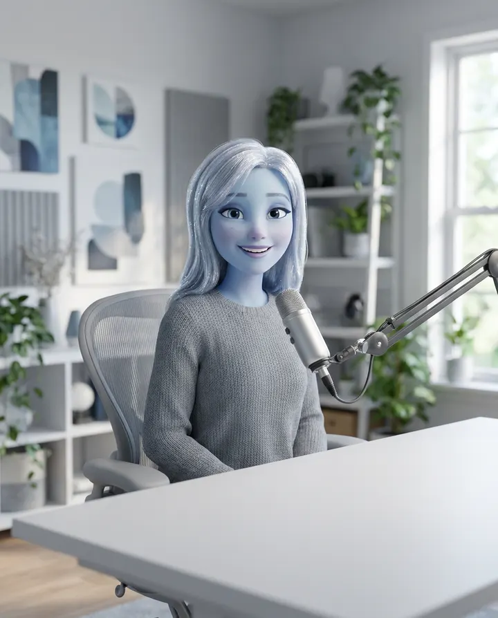 A stylised fictional character at a desk with a microphone, talking to camera
