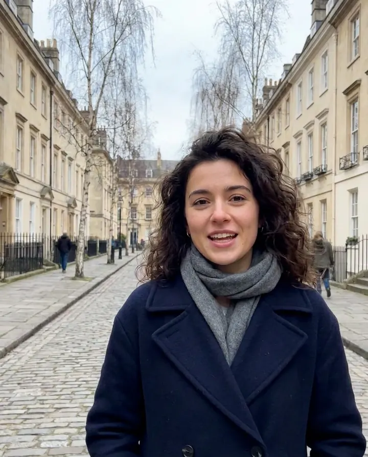 A young woman talking to camera on a city street, a frame from a vlog series